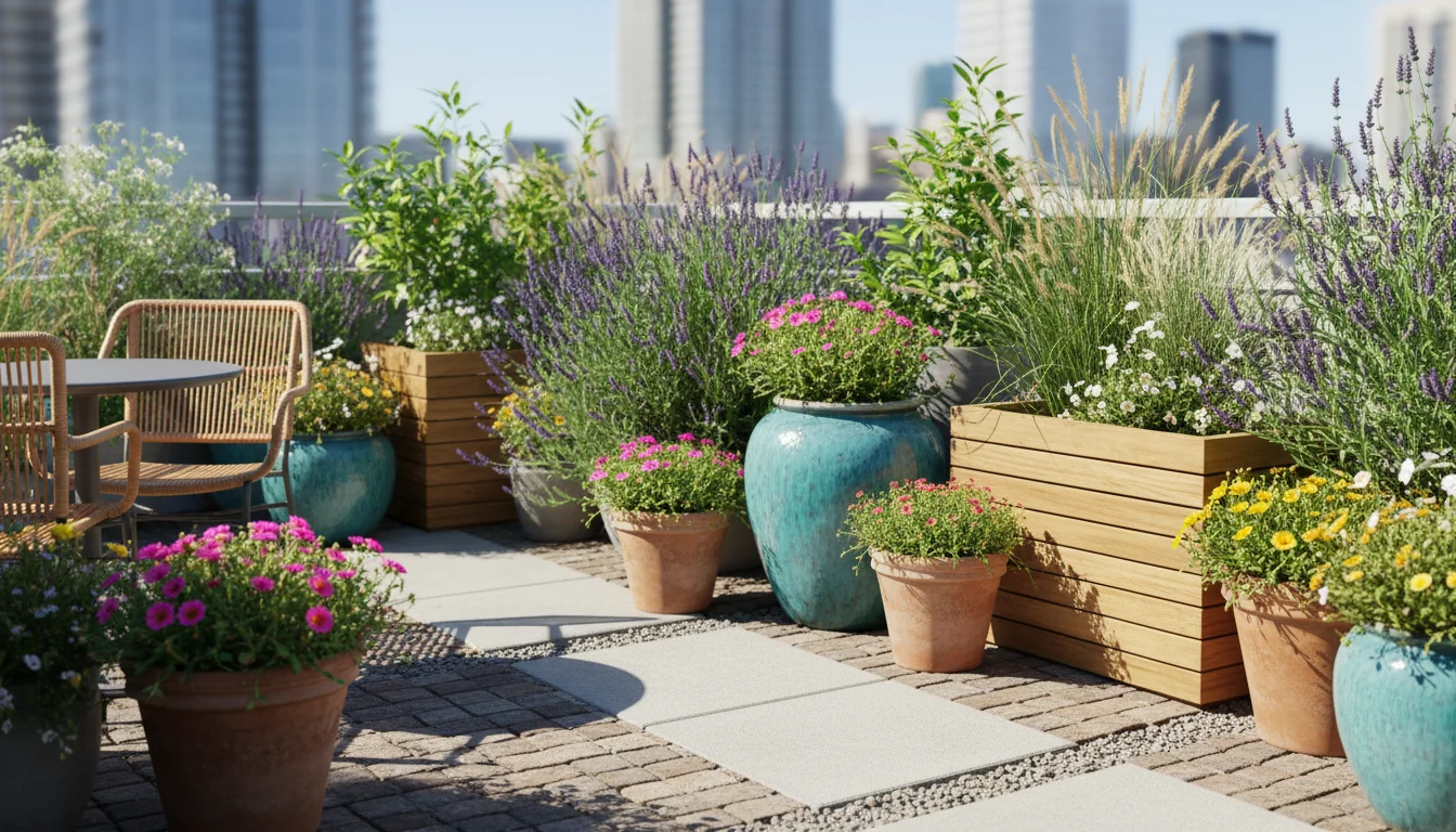 Vibrant heat-tolerant plants in various containers on a sunny patio, seen from a high angle, looking lush and healthy.
