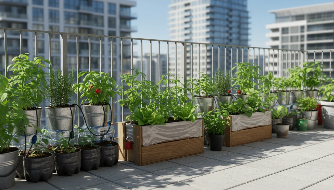 Vibrant herbs and vegetables thriving in DIY self-watering containers on a dry, clean urban patio, showing zero water runoff.