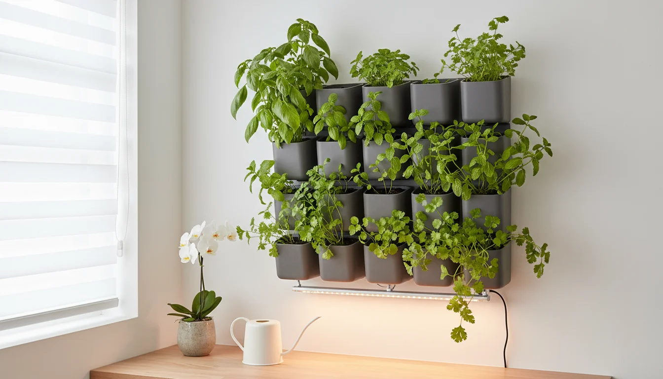 Vibrant herbs in a white-backed vertical garden, illuminated by a sleek, energy-efficient LED grow light, highlighting an optimized small-space setup.
