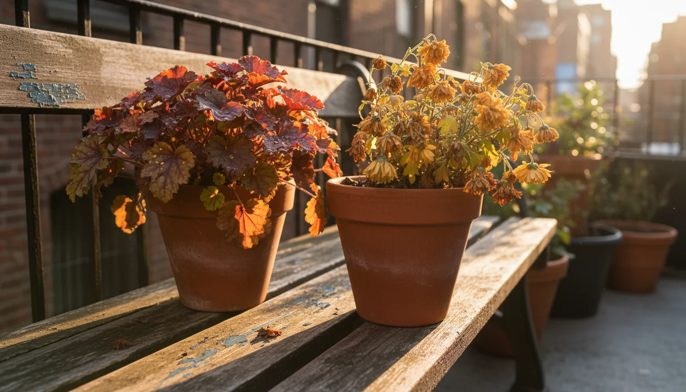 Vibrant Heuchera plant in a terracotta pot next to a wilting mum in a similar pot on a wooden bench, showing stark contrast.
