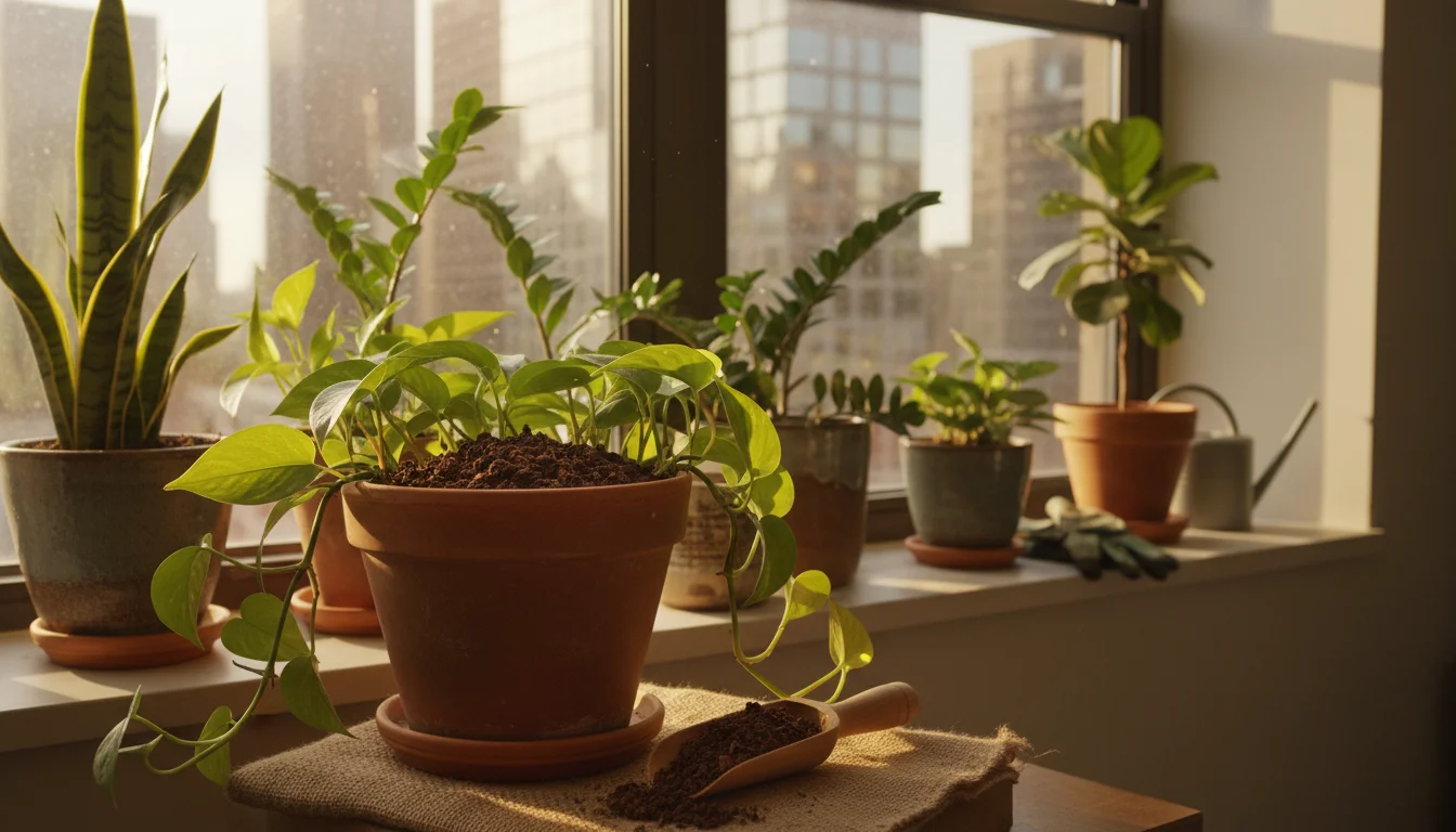 A vibrant houseplant in a terracotta pot with dark, crumbly worm castings visible on the topsoil, next to an open bag of castings on a sunny windowsil