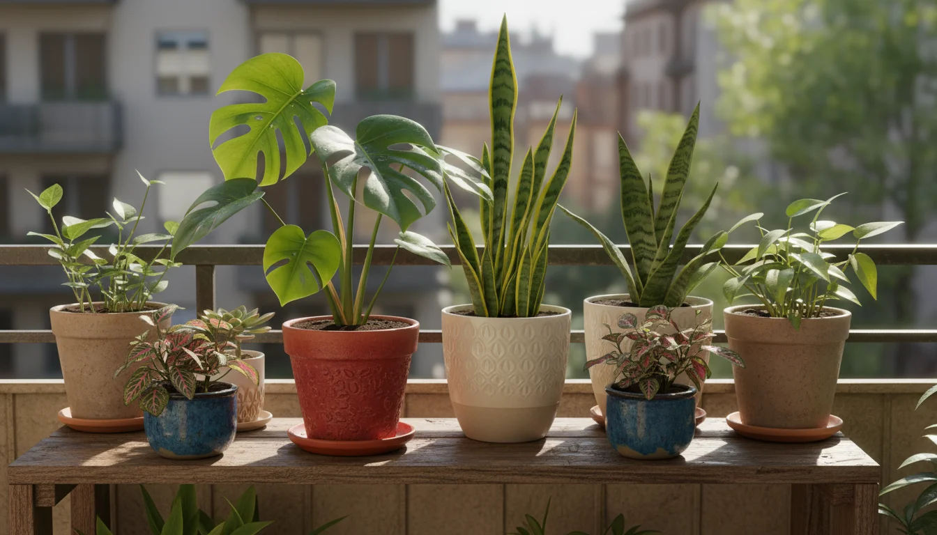 Vibrant houseplants in various pots on a sunny balcony shelf next to an open plant care journal.