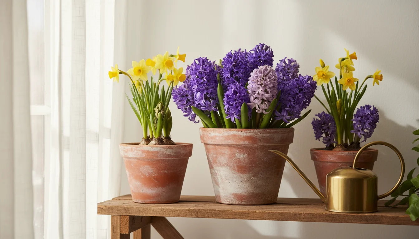 Vibrant hyacinths and daffodils bloom in terracotta pots on a wooden shelf, bathed in bright, indirect light from a nearby window with sheer curtains.