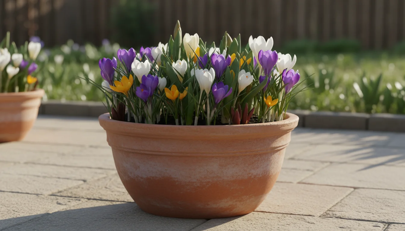 A vibrant 16-inch terracotta pot bursting with early spring bulbs: purple, white, and yellow crocus bloom amidst emerging hyacinth and tulip foliage o