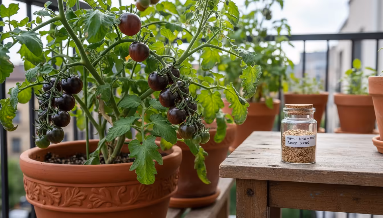 Vibrant Indigo Rose cherry tomato plant in a terracotta pot on a balcony, with a small jar of saved seeds next to it.