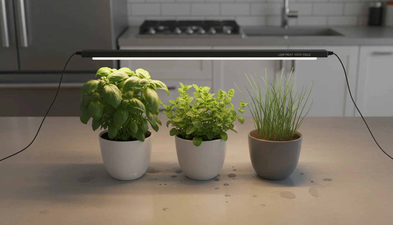 Vibrant indoor herb garden on a kitchen counter, illuminated by a sleek, low-profile LED grow light positioned close to basil, mint, and chives.