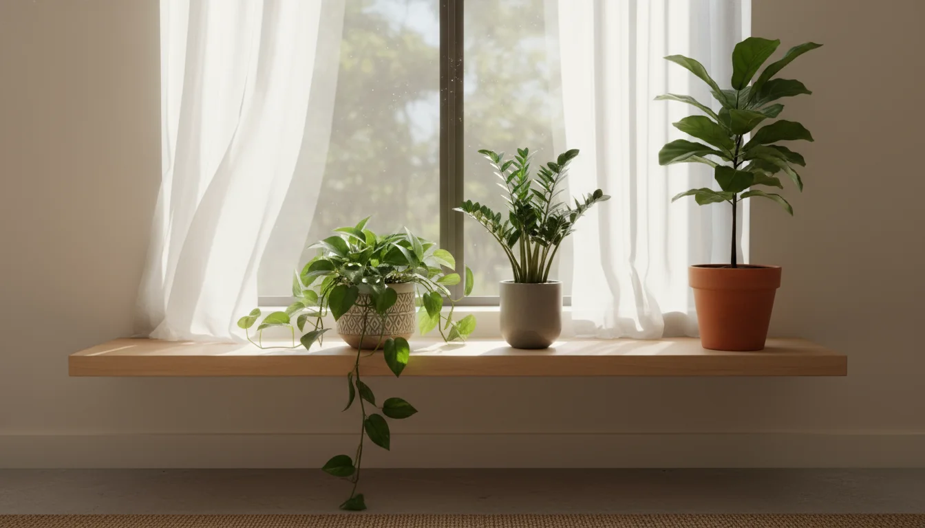 Vibrant indoor plants on a floating shelf, bathed in soft, diffused afternoon light filtering through a sheer white curtain.