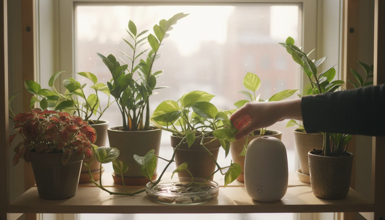 Vibrant indoor plants on a shelf, a hand places a small humidifier nearby to optimize winter environment.