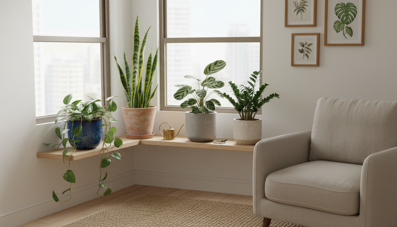 A 'N'Joy' Pothos plant with white and green variegated leaves cascades from a white pot on a wall shelf in a softly lit modern living room.