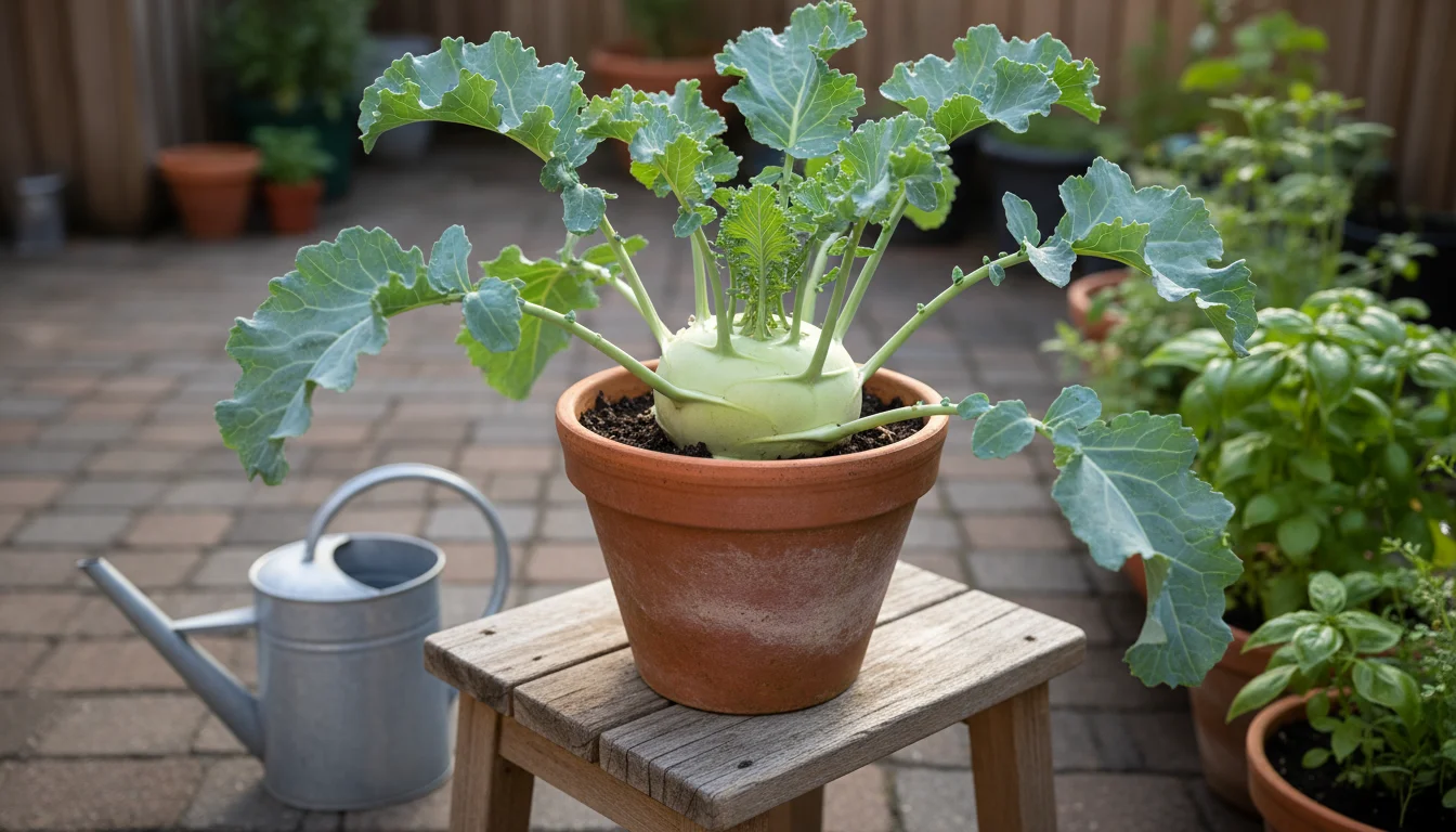 Vibrant kohlrabi plant with a plump pale green bulb and blue-green leaves growing in a terracotta pot on a wooden stool on a patio.