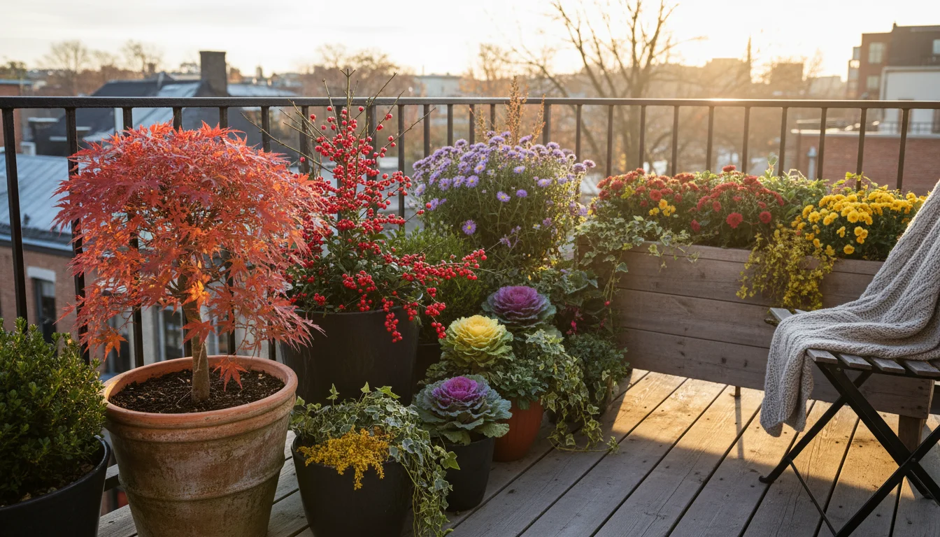 Vibrant late autumn balcony garden with a crimson Japanese maple, red winterberry holly, and fluffy clematis seed heads in containers.