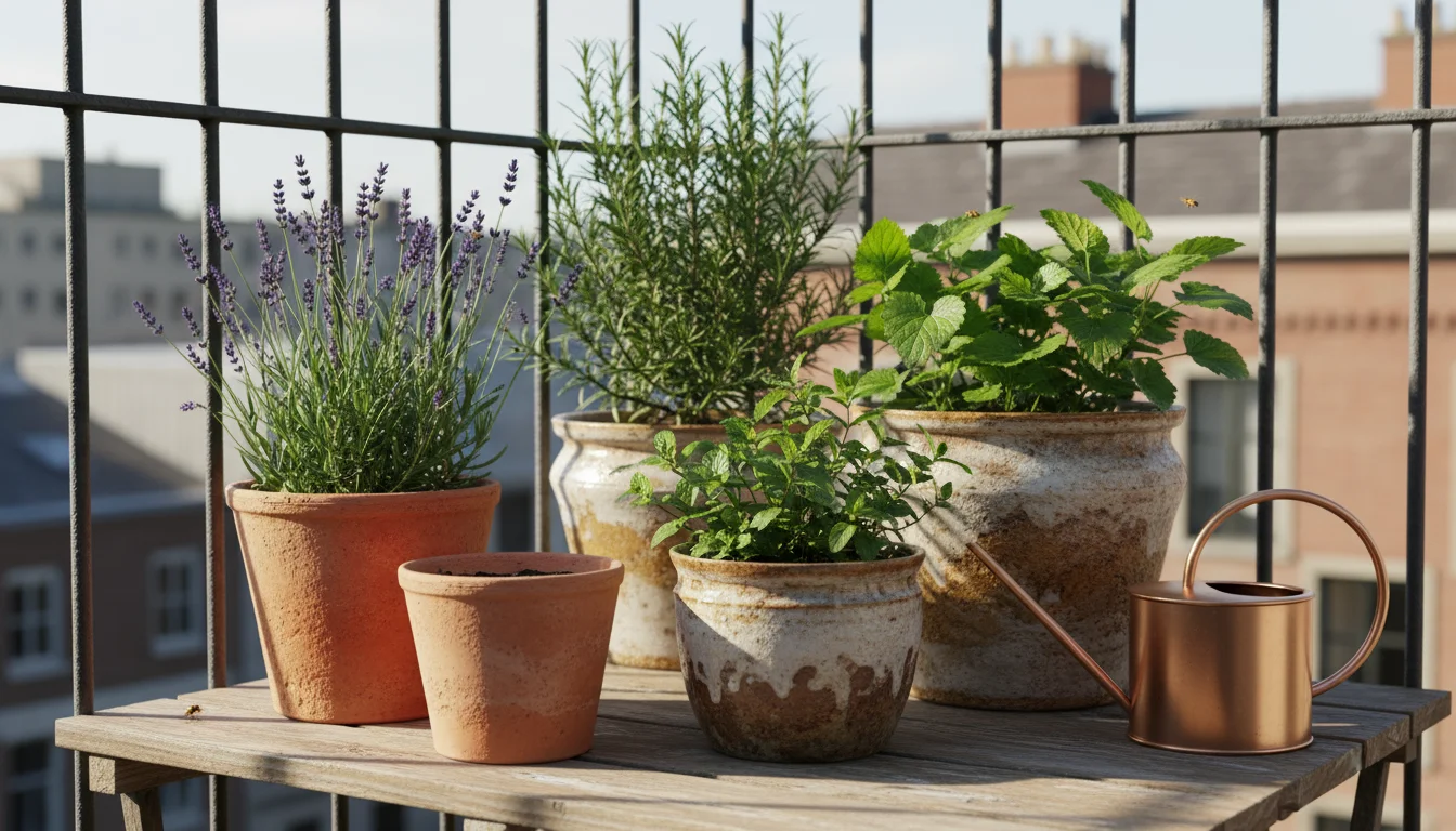 Vibrant lavender, mint, rosemary, and lemon balm herbs grow in various pots on a sunny balcony.