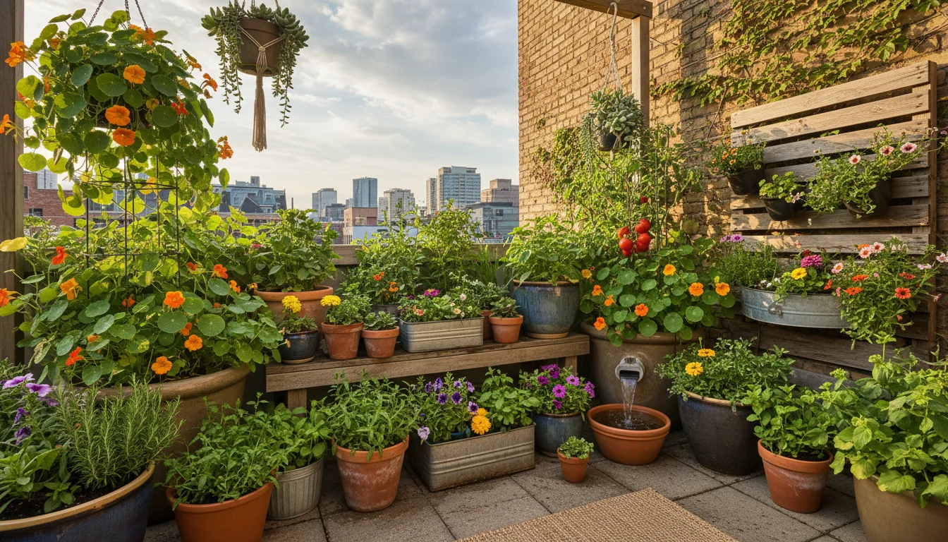 A vibrant, layered grouping of various container plants on a small urban patio, including ground pots, a wooden bench display, and a vertical wall pla