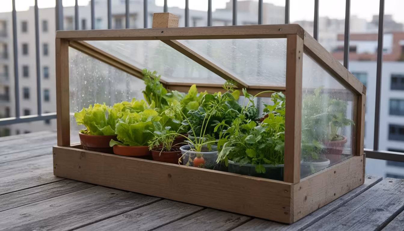 Vibrant loose-leaf lettuce, spinach, carrots, and cilantro growing in containers inside an open DIY cold frame on a wooden balcony deck.