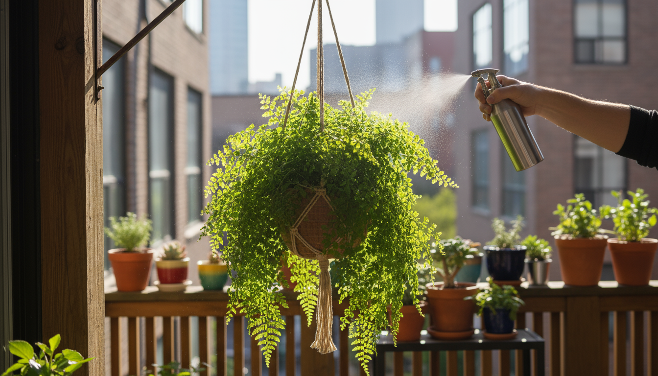 A vibrant Boston Fern in a macrame hanging planter on a small urban balcony, being gently misted by a person's hand.