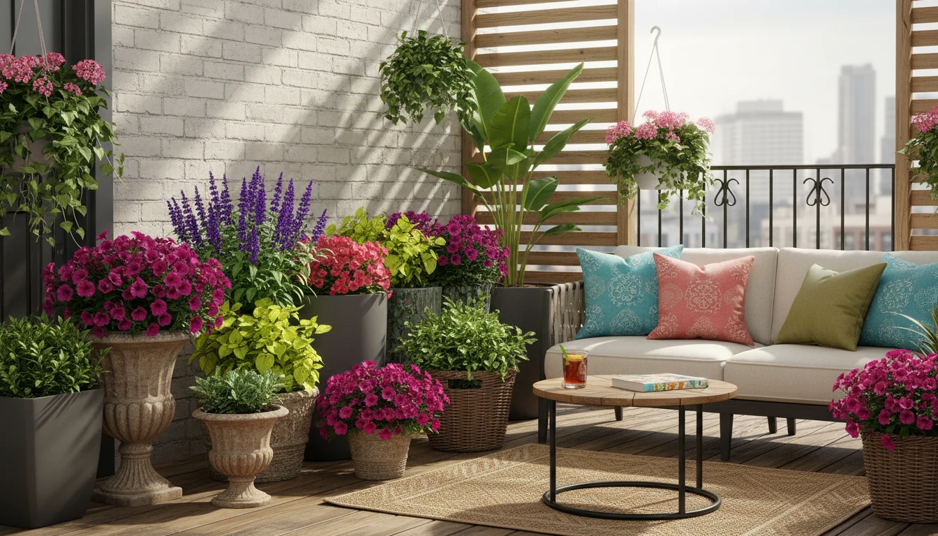A vibrant, lush summer container garden on a small, sun-drenched urban patio with diverse heat-tolerant plants and a copper watering can.