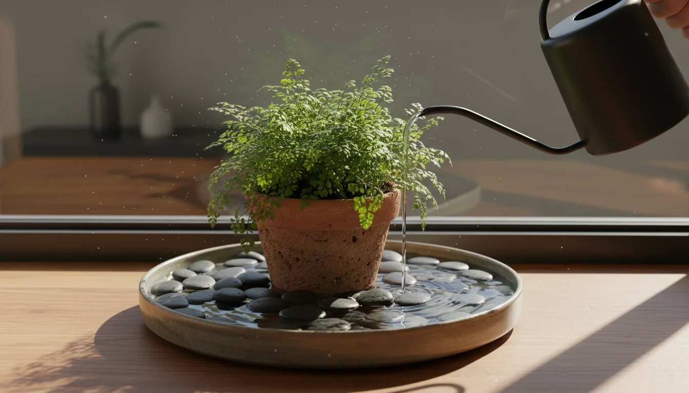Vibrant maidenhair fern in terracotta pot on pebbles in ceramic tray, water being poured to just below the pot.