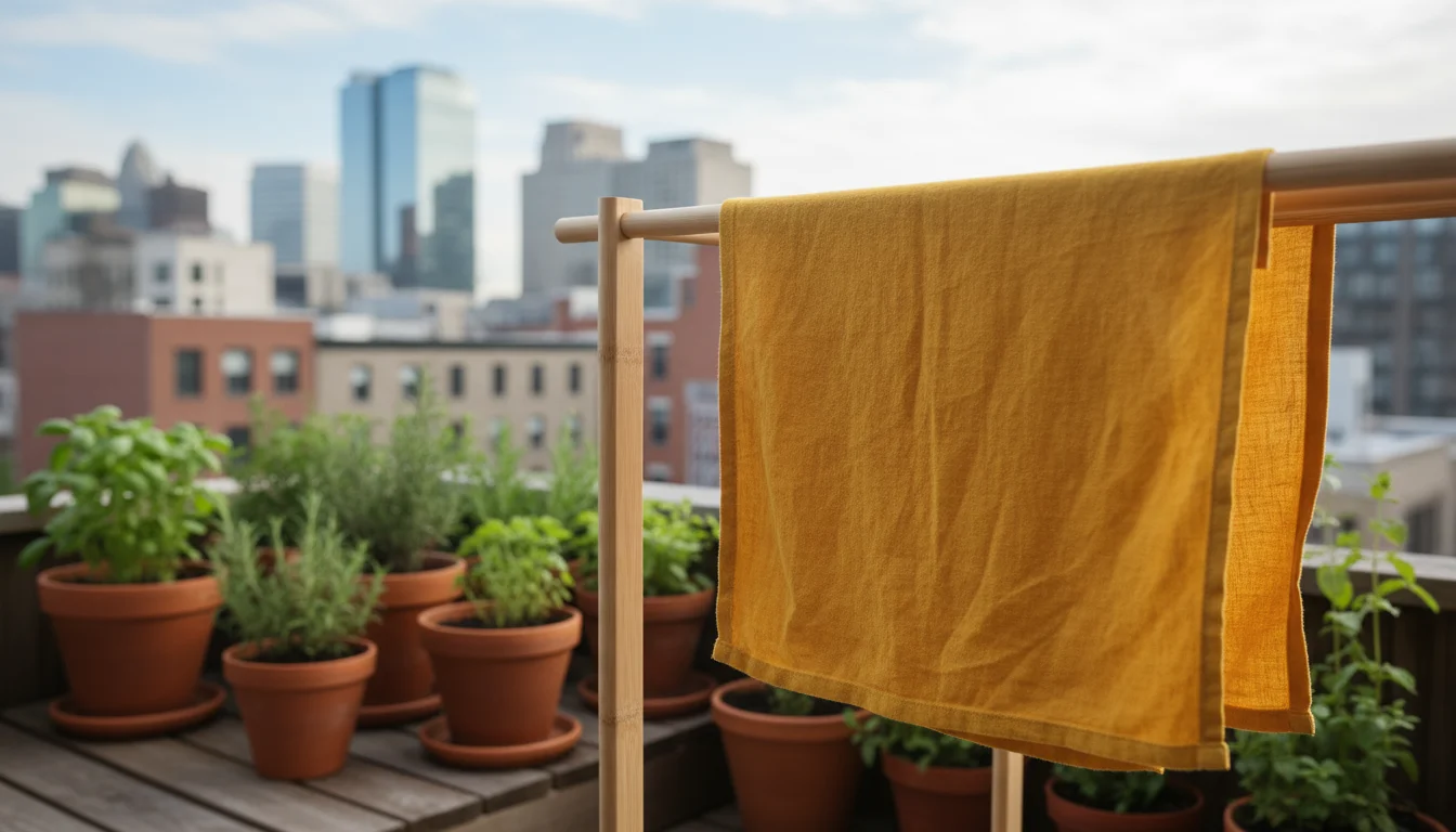 Vibrant marigold-yellow naturally dyed cotton tea towel drying on a bamboo rack on an urban balcony, with plants and city in background.