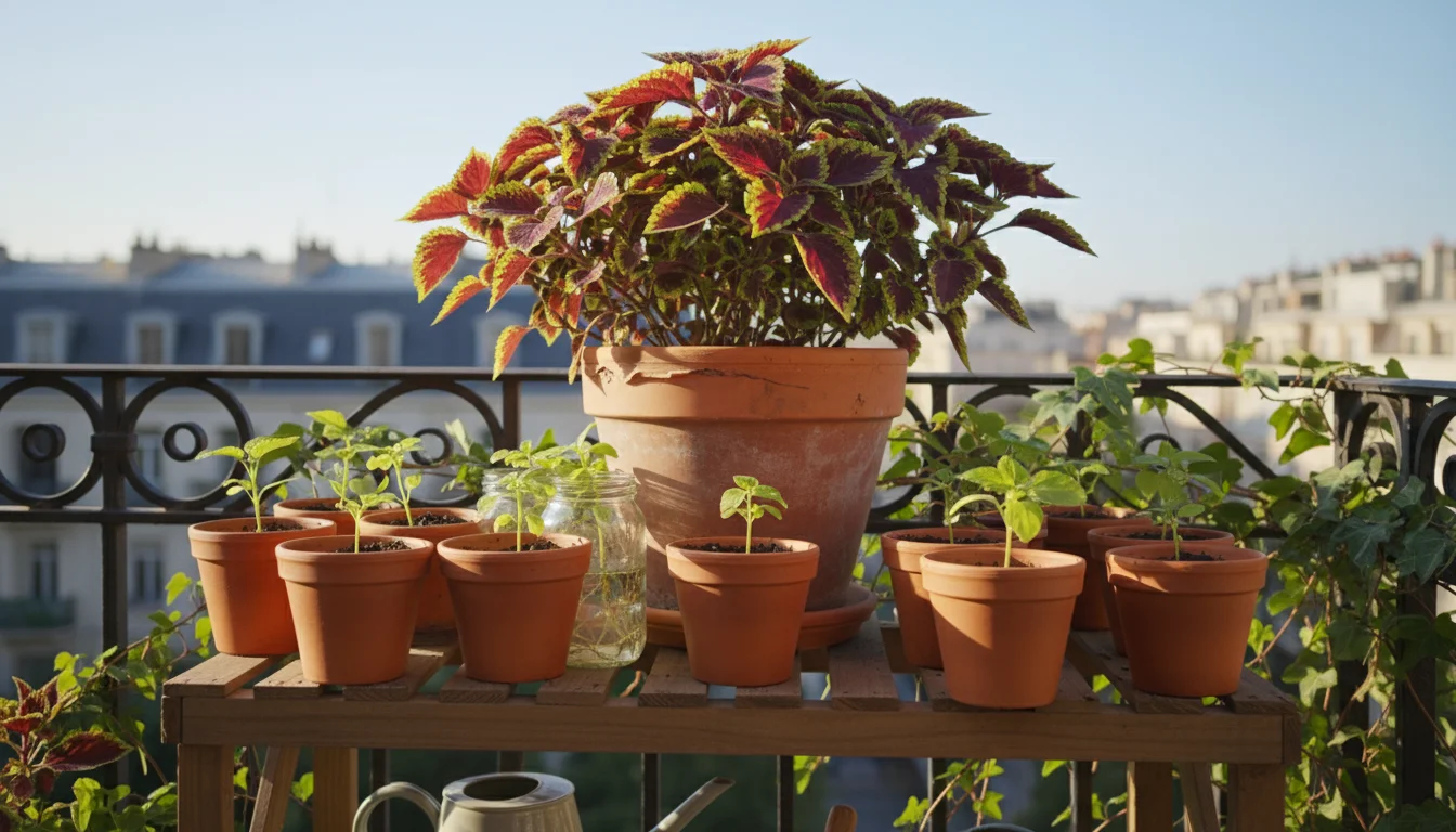 A vibrant mature coleus plant surrounded by numerous healthy, young coleus plants, all in terracotta pots on a sunny balcony plant stand.