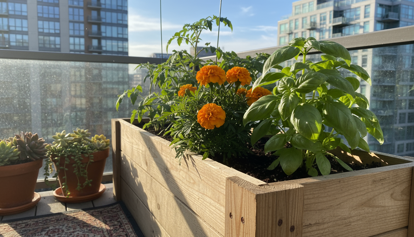 Close-up of a wooden raised planter on an urban balcony, showcasing a vibrant orange marigold next to lush green basil and young tomato plants.