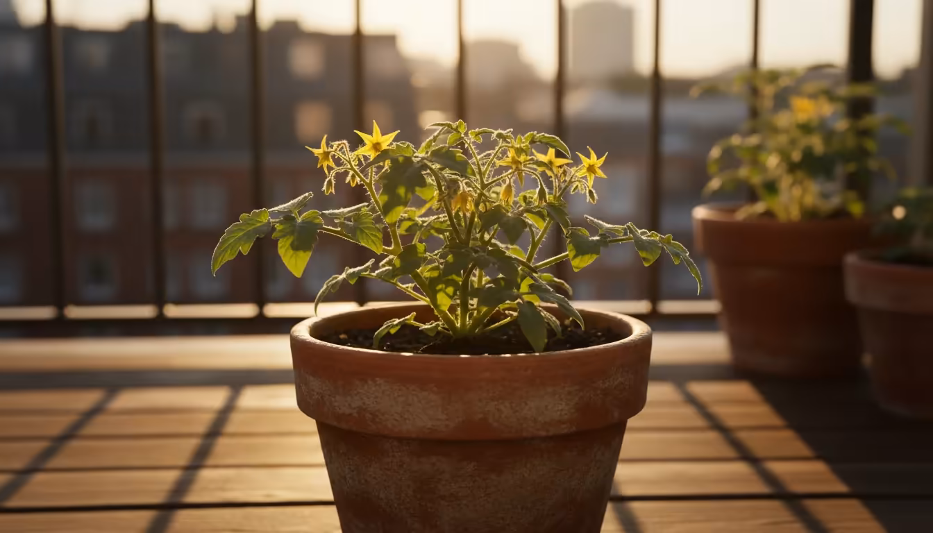 A vibrant 'Micro-Tom' tomato plant in a terracotta pot thriving under intense, direct sunlight on a balcony.