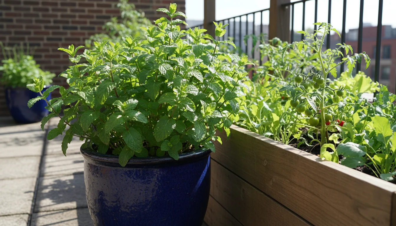A vibrant mint plant in a sturdy blue ceramic pot sits next to a wooden planter box filled with vegetables on a sunlit urban patio.