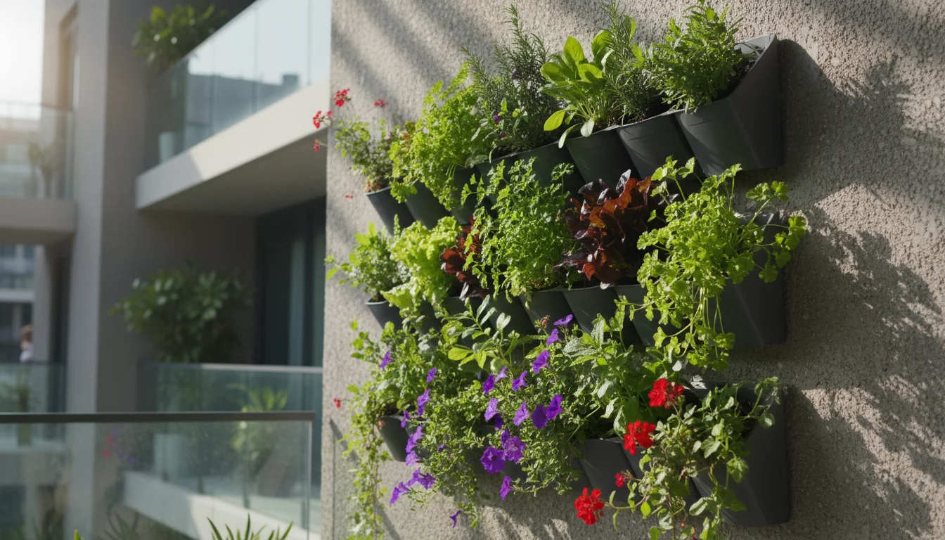 A vibrant modular vertical garden, bursting with various plants and herbs, mounted on an urban balcony wall.