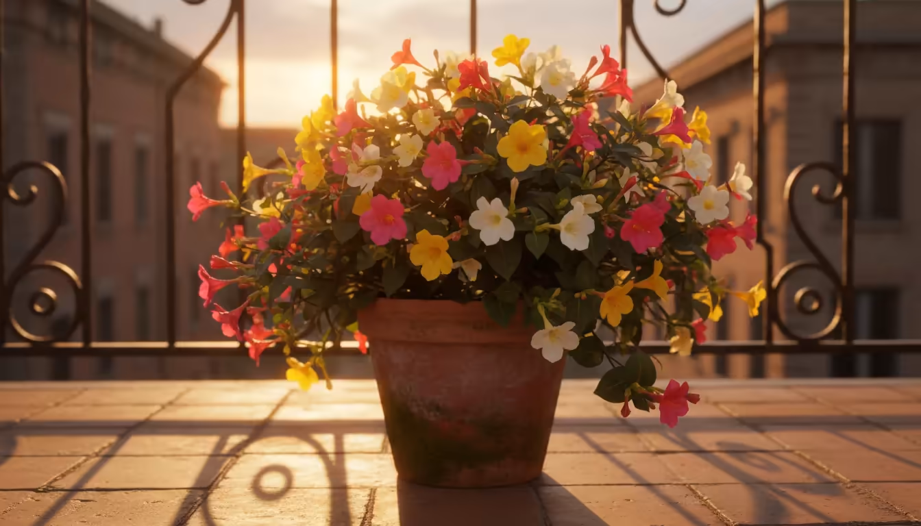 Vibrant, multi-colored Four O'Clock flowers unfurling in a terracotta pot on an urban balcony at golden hour.