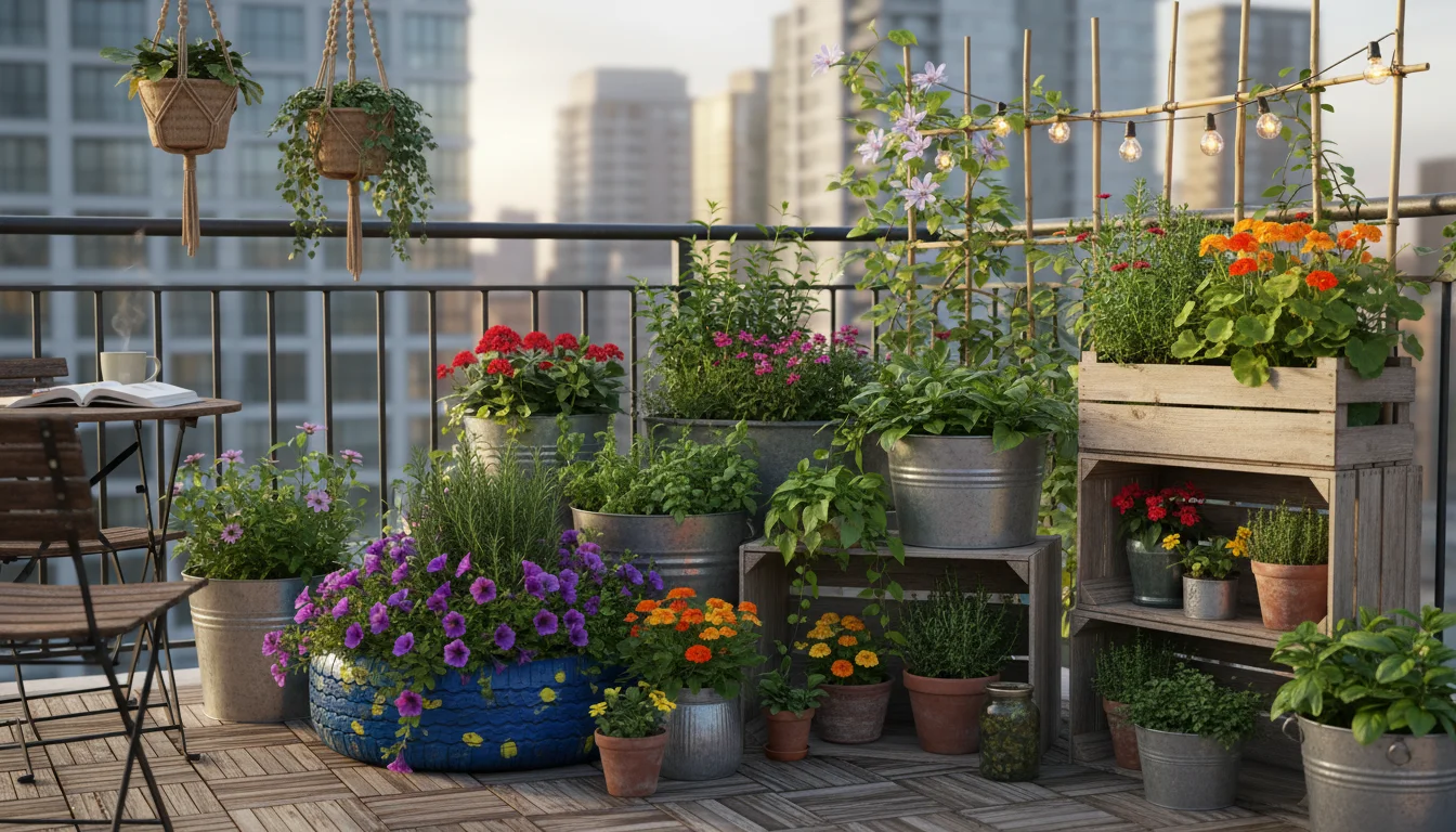 A vibrant, multi-level upcycled container garden corner on a small urban balcony, featuring painted tire, metal buckets, and crates.
