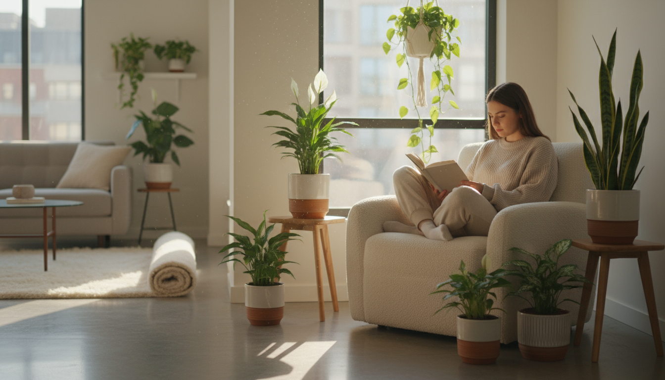Multi-tiered vertical planter filled with various healthy air-purifying houseplants in stylish pots, in a naturally lit urban apartment, a person quie