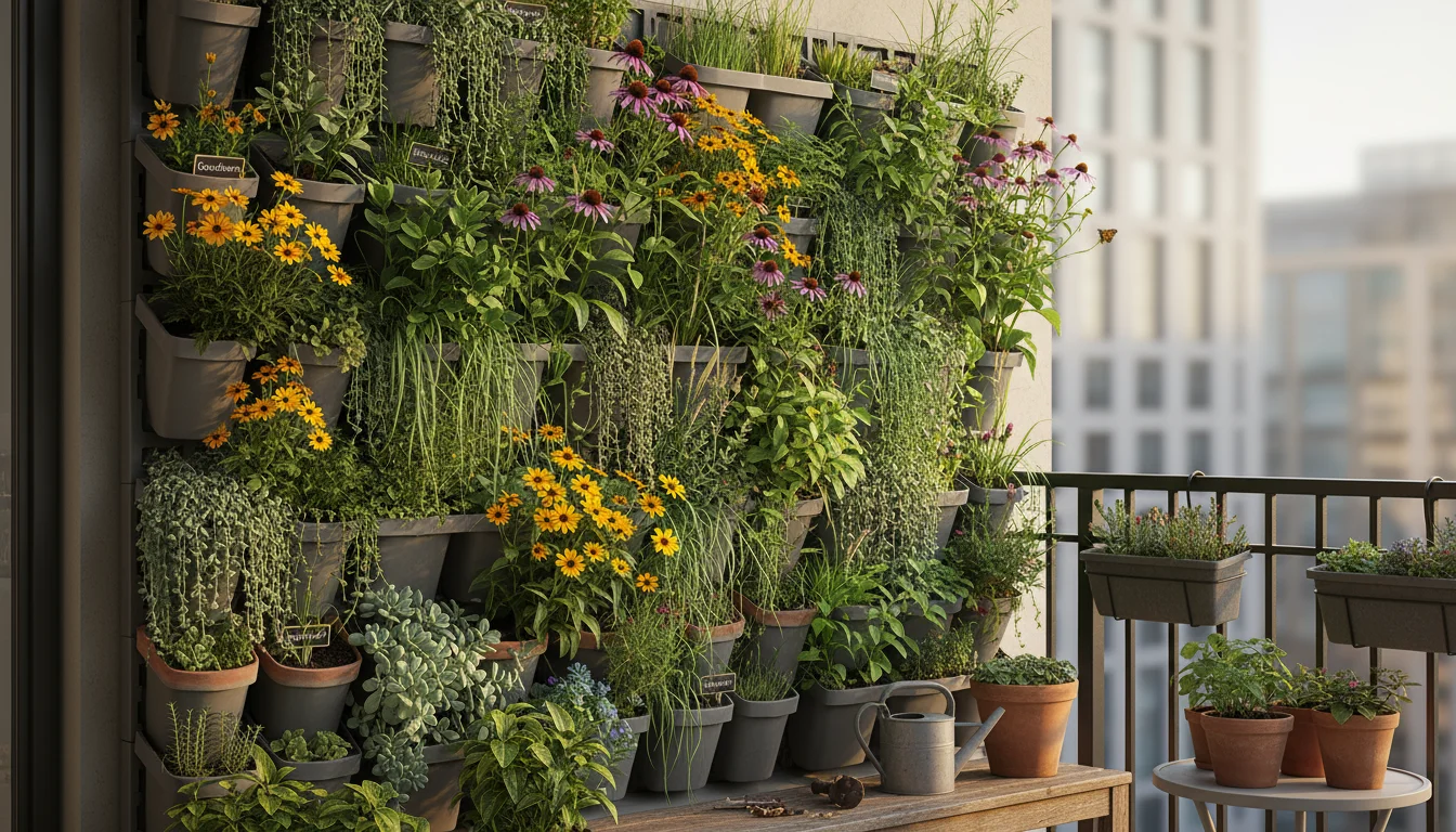 Vibrant multi-tiered vertical planter on an urban balcony, brimming with diverse native grasses, wildflowers, and sedums in dappled light.