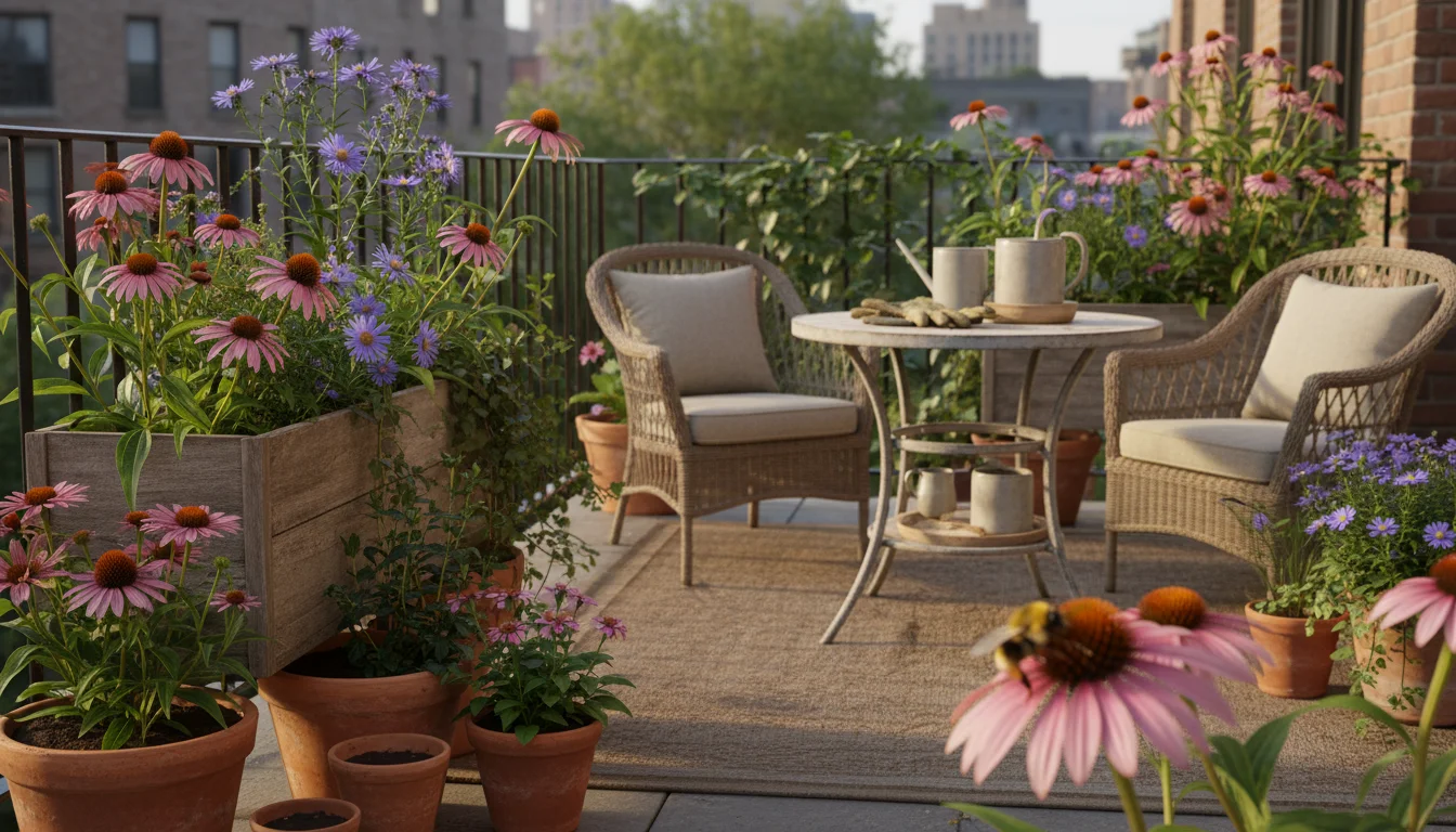 Vibrant native plants like coneflowers and asters thrive in terracotta pots and a wooden box on a sunny urban patio, attracting a bee.