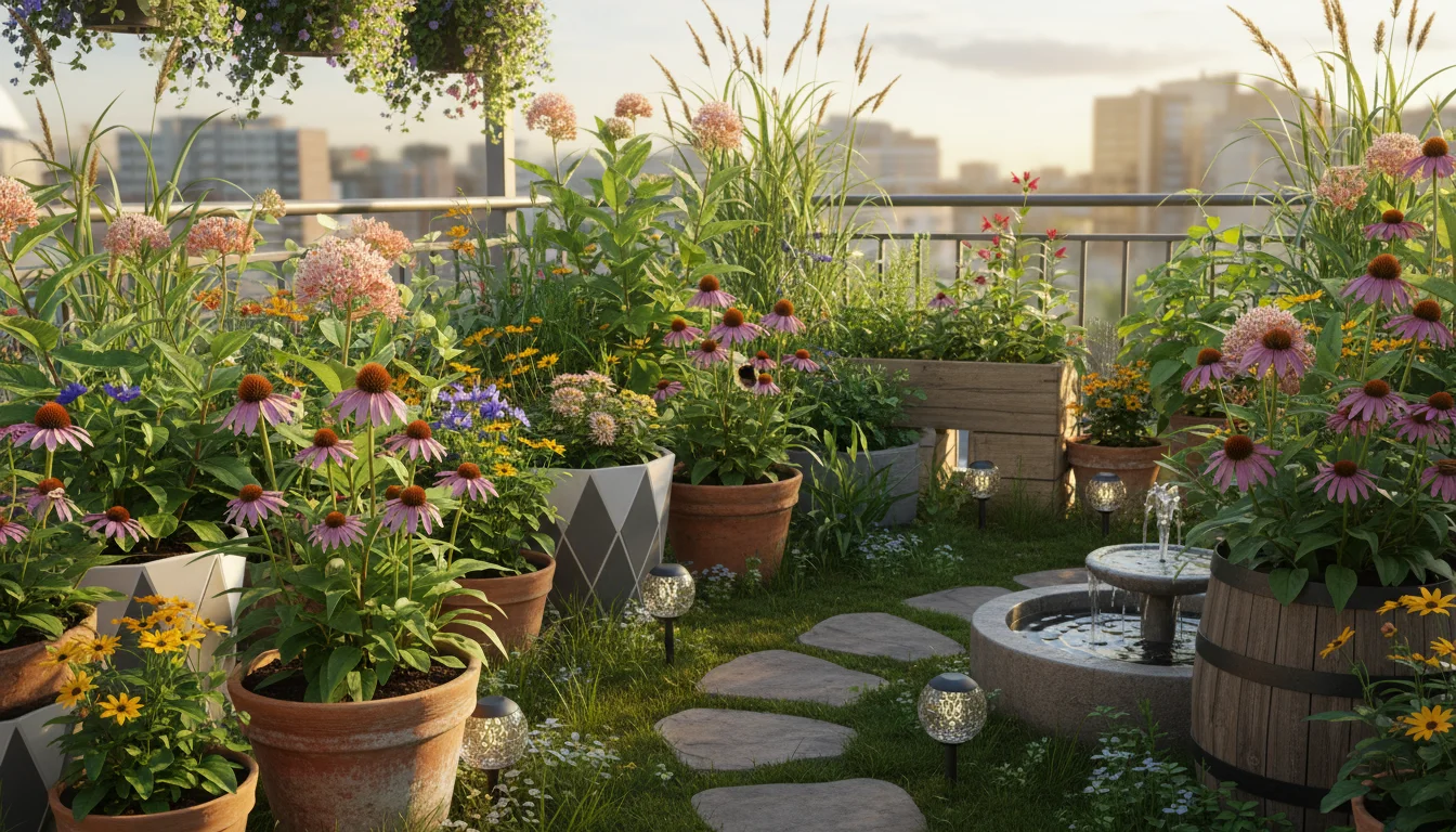 Vibrant native plants like coneflowers and milkweed thrive in various pots on an urban balcony, with a bumblebee pollinating a flower.