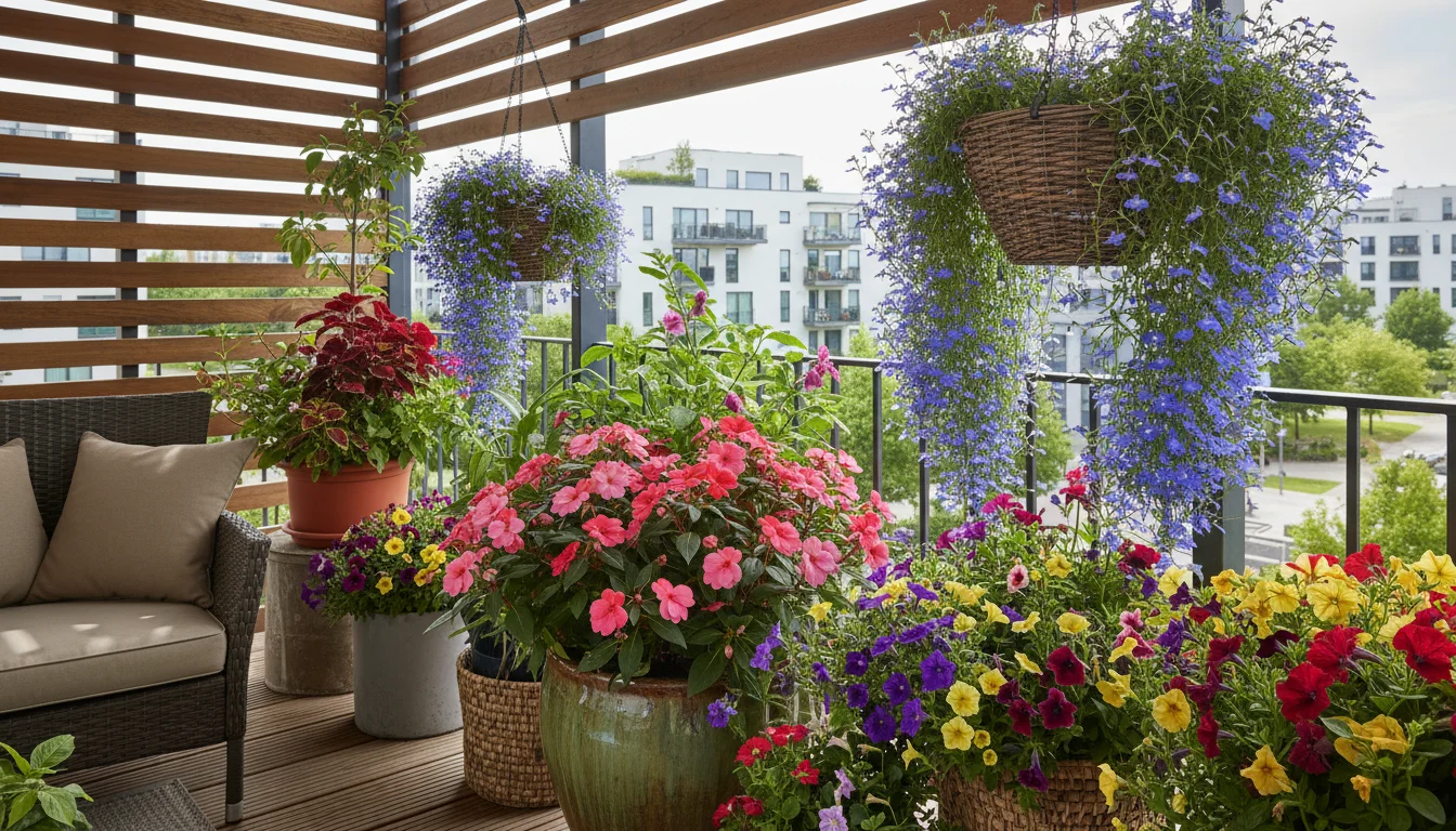 Vibrant New Guinea Impatiens, blue Lobelia, and colorful Calibrachoa in pots and a hanging basket on a shaded urban balcony, all blooms looking fresh.