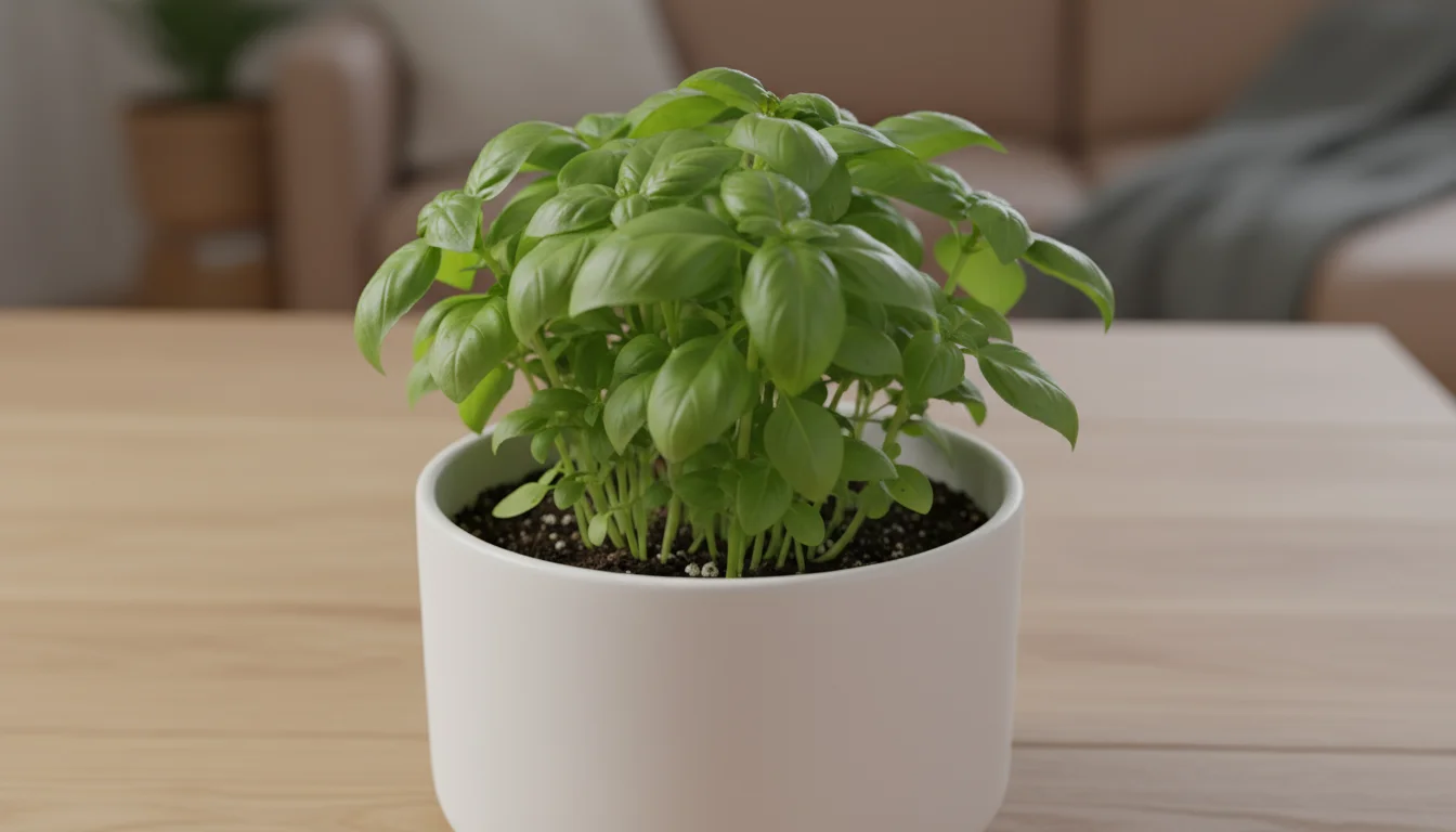Vibrant, newly repotted basil plant in a white ceramic pot on a light wood surface, in a soft, temperate home environment.