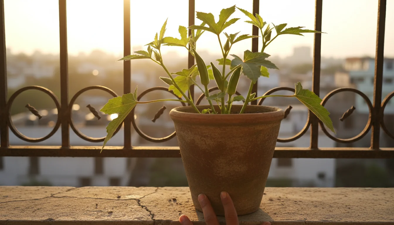 Vibrant okra plant in a pot on a sunny balcony, bathed in intense late afternoon sun, with a hand adjusting its position.