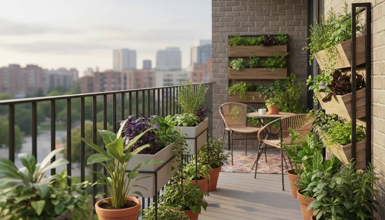 A vibrant, optimized urban balcony garden, featuring lush plants in railing planters and a vertical garden, bathed in golden hour light.