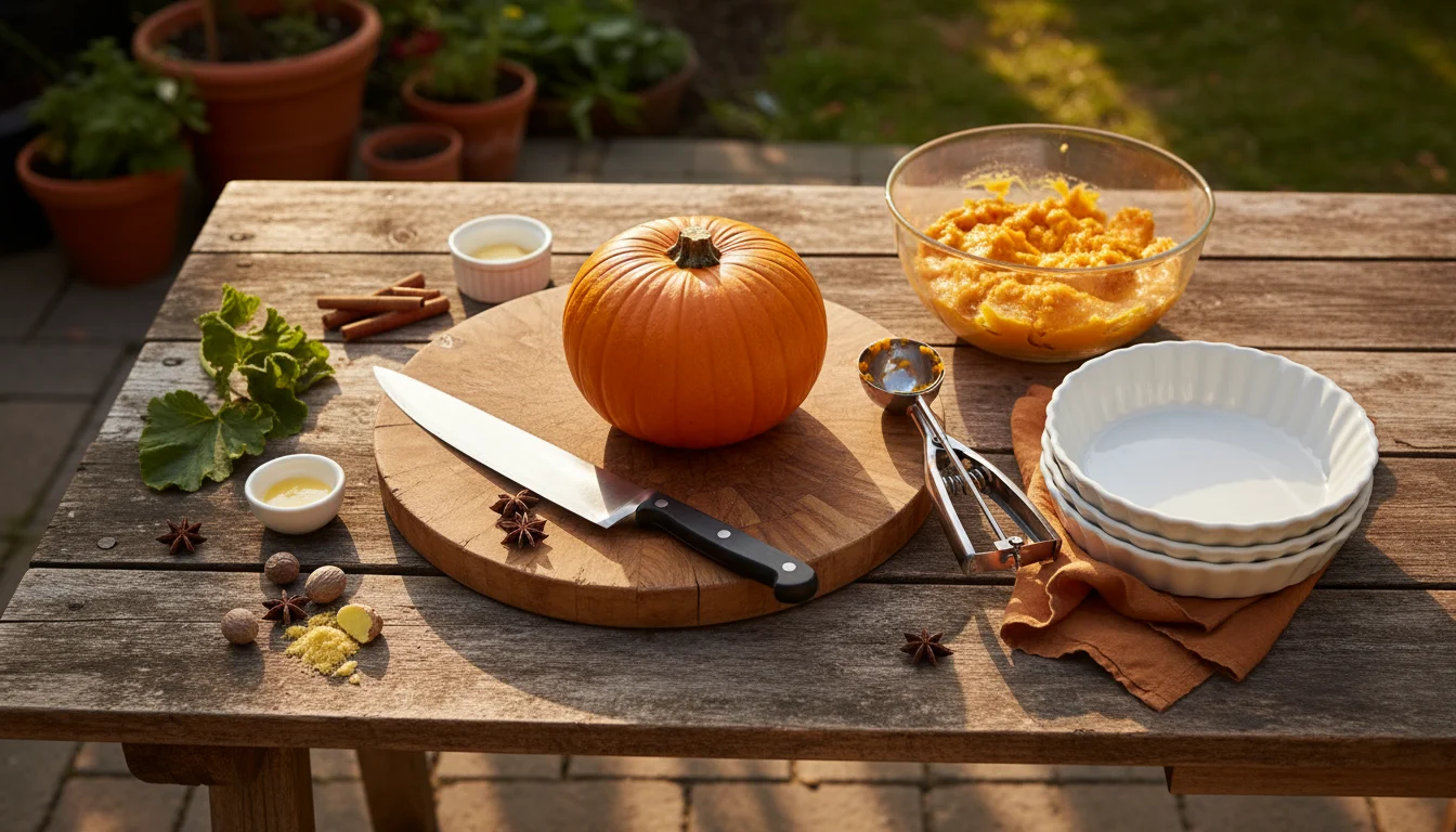 A vibrant orange pumpkin on a rustic wooden patio table, surrounded by a knife, cutting board, scoop, water bowl, colander, and towels.