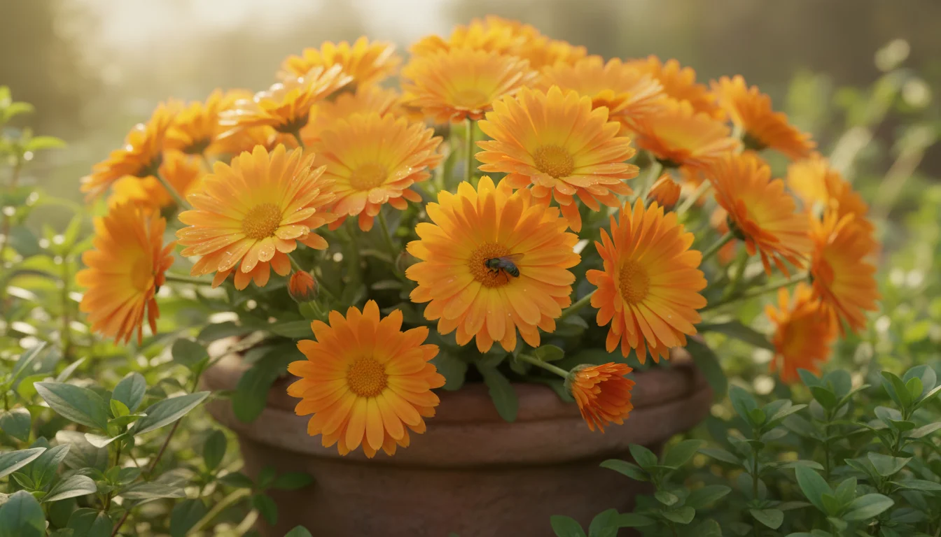 Tight close-up of vibrant orange and yellow calendula flowers in a mixed terracotta pot on a sunny wooden balcony, with a blurred bee.