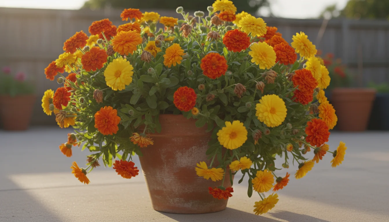 Vibrant orange and yellow calendula flowers spill from a terracotta pot on a clean concrete patio in soft autumn light.