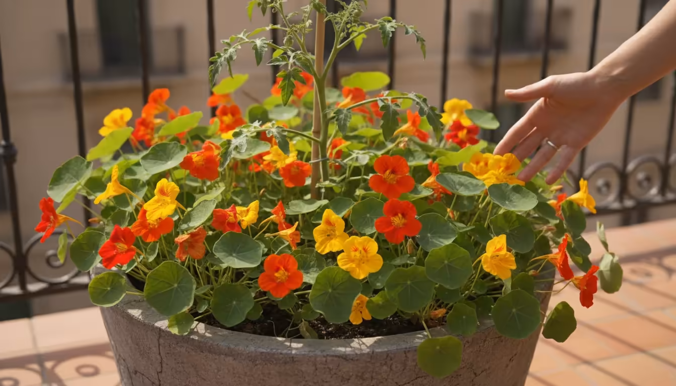 Close-up of vibrant orange, yellow, and red nasturtium flowers and leaves covering soil in a large gray pot on a balcony, with a hand reaching to pluc