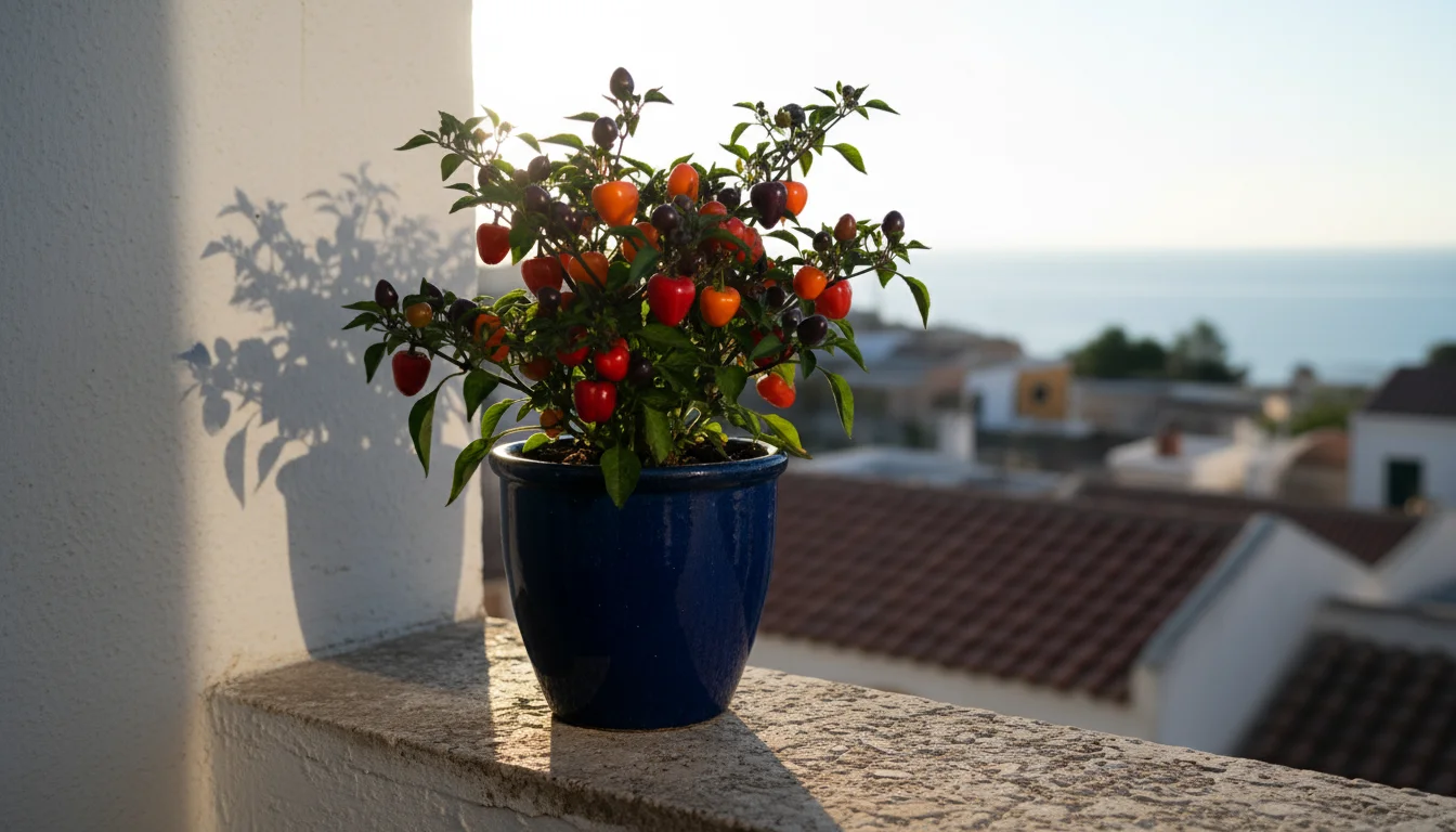 Vibrant ornamental pepper plant in a blue pot on a sunny balcony ledge. Red, orange, purple fruits glow with backlighting. Strong shadows indicate dir