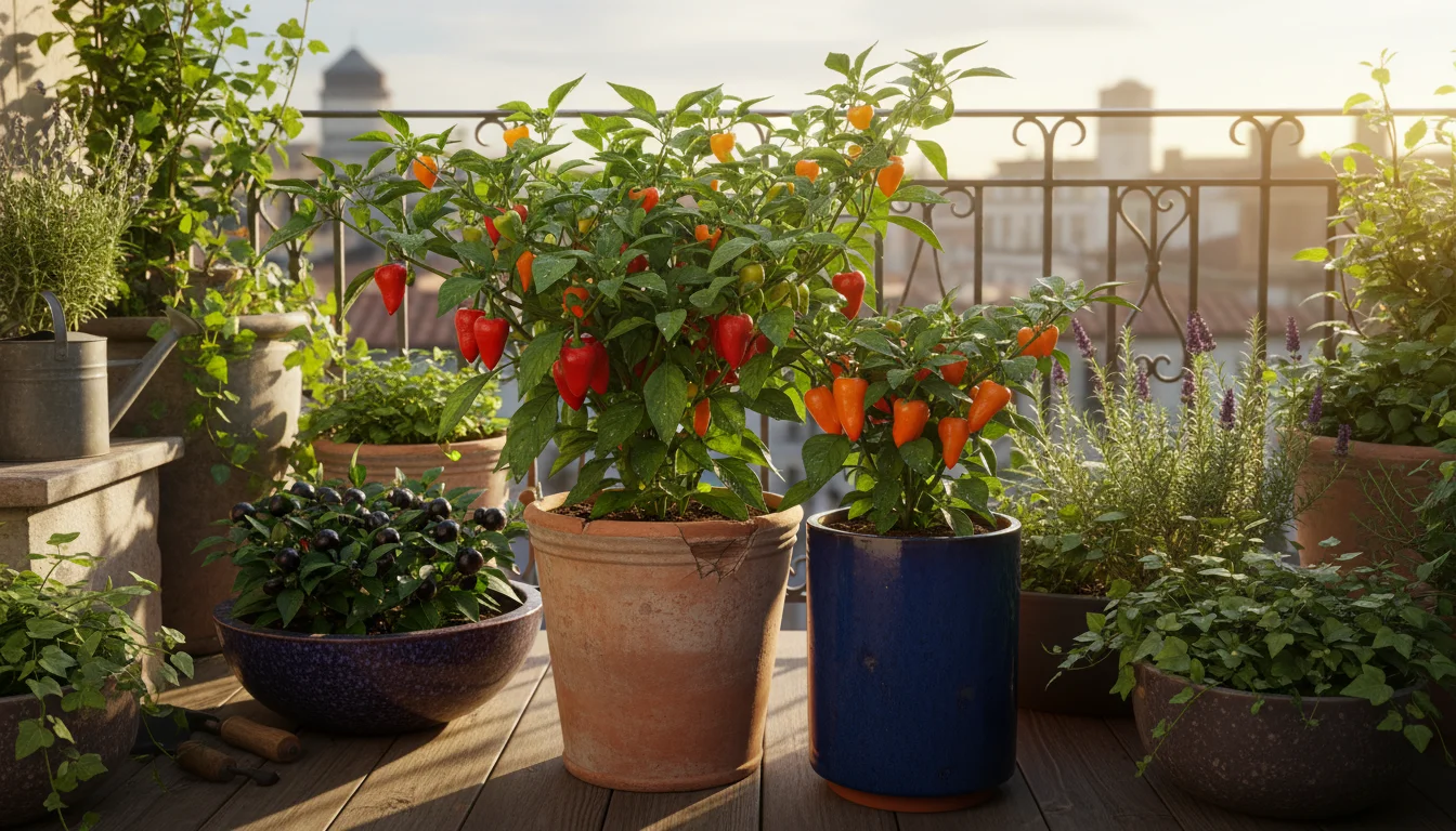 Vibrant ornamental pepper plants in terracotta and ceramic pots on a sunny balcony, bursting with red, orange, and purple peppers.