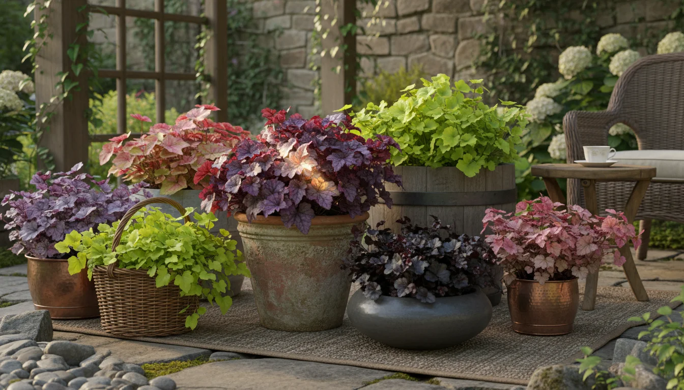 Vibrant 'Palace Purple' and 'Obsidian' Coral Bells in terracotta and ceramic pots on a shaded patio, alongside a lime-green variety.