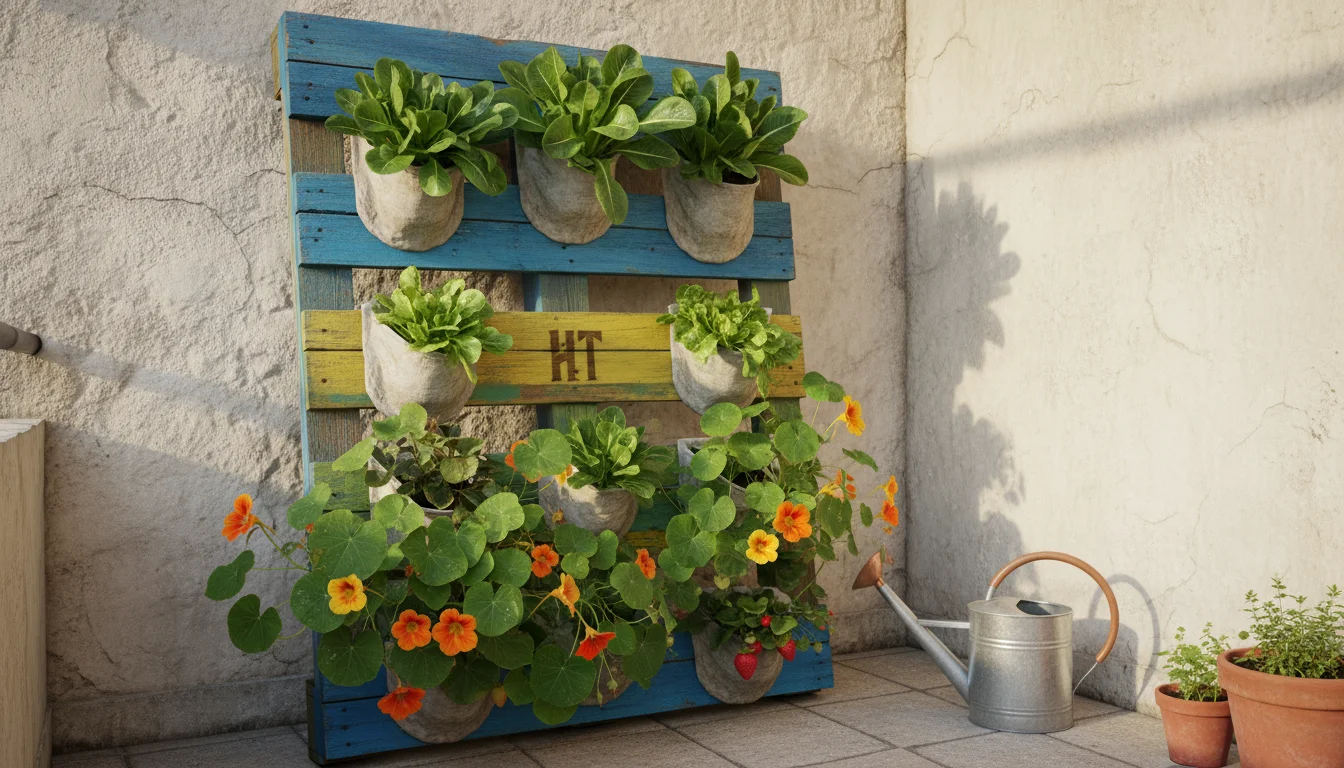 Vibrant pallet garden on an urban balcony, showing lush lettuces, nasturtiums, and strawberries in fabric pockets, with an 'HT' stamp visible.