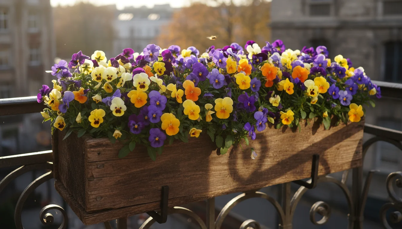 Vibrant pansies and violas in a rustic window box on a balcony railing, bathed in early morning sun, with soft shadows nearby.