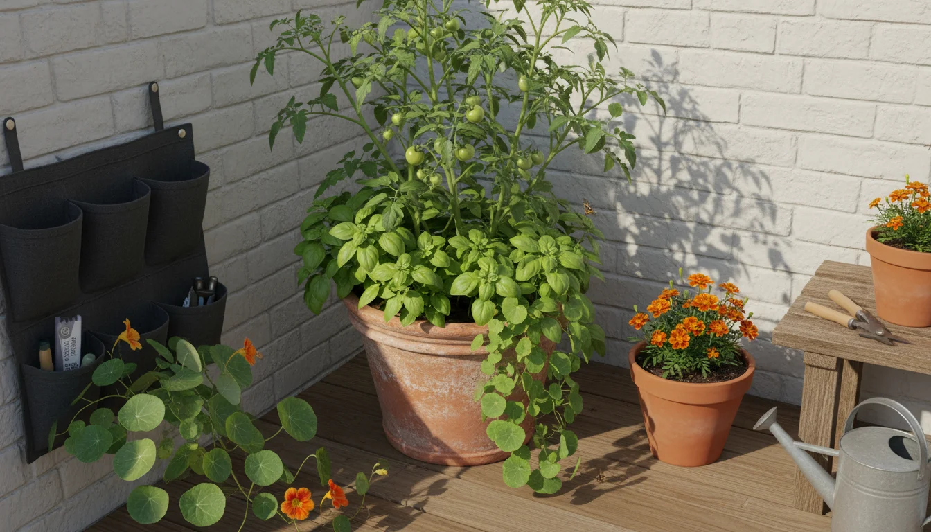 Elevated view of a vibrant patio container garden showing a tomato plant with basil, marigolds, and nasturtiums arranged for companion planting.