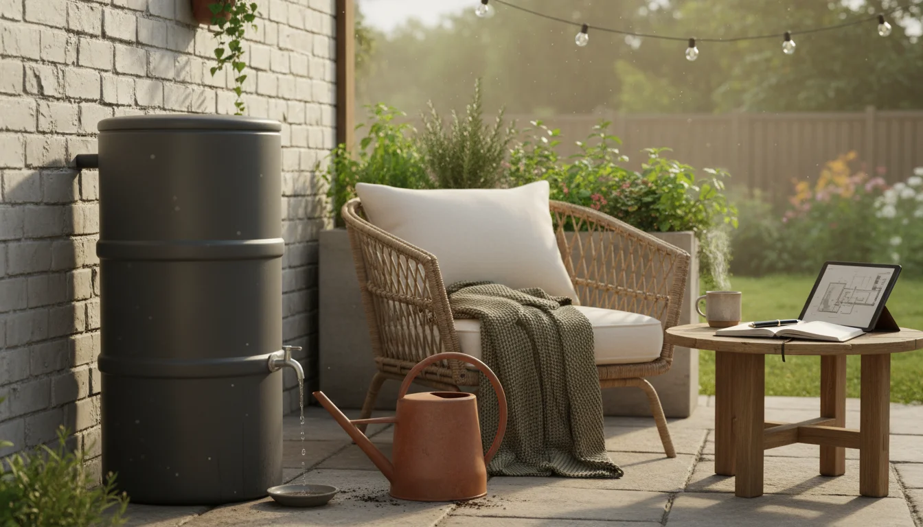 A vibrant patio corner showcasing sustainable gardening: a rain barrel, diverse container herbs, a vertical planter, and a compact worm compost bin, w