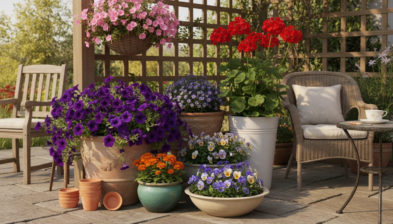 A vibrant patio display of spring flowers in various containers: petunias, marigolds, pansies, and nasturtiums, all thriving in sun.