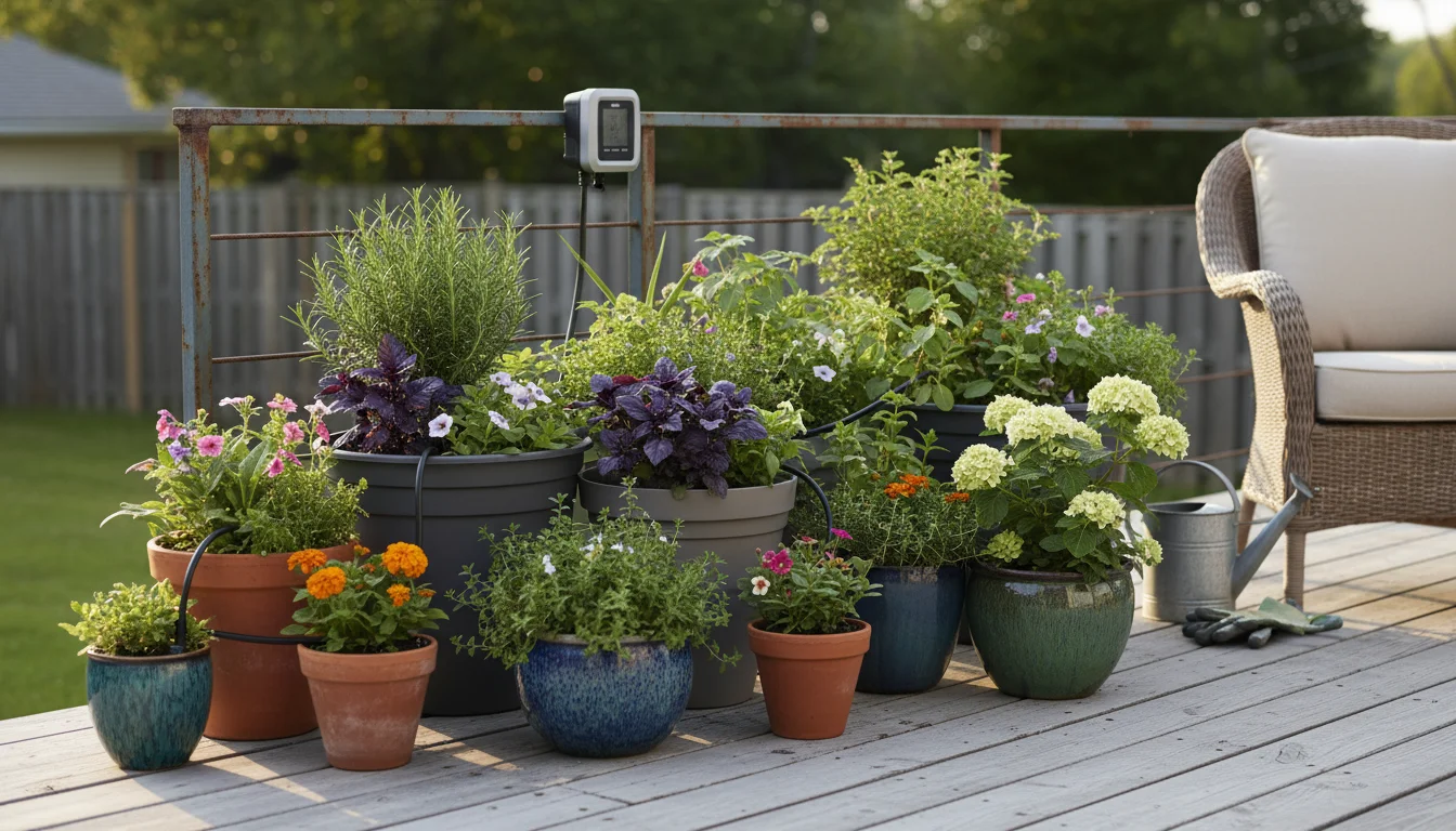 Vibrant patio garden with container plants and a discreet drip irrigation system visible, under warm afternoon sun.